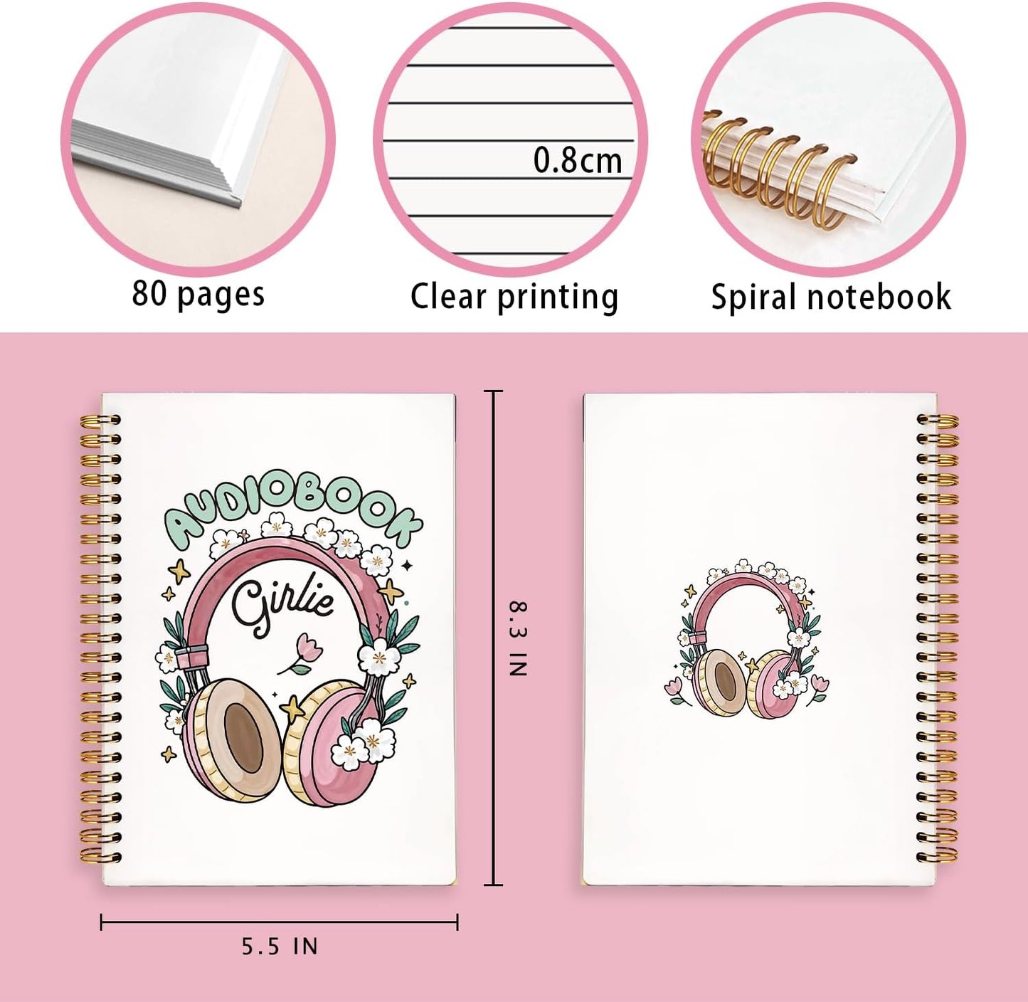 Audio Book Girlie Notebook, Audio Book Lover Gifts Notebooks for Note Taking, Audiobook Reading Journal for Books Lovers, Audiobook Reader Journals for Writing, 5.5x8.3 Inch