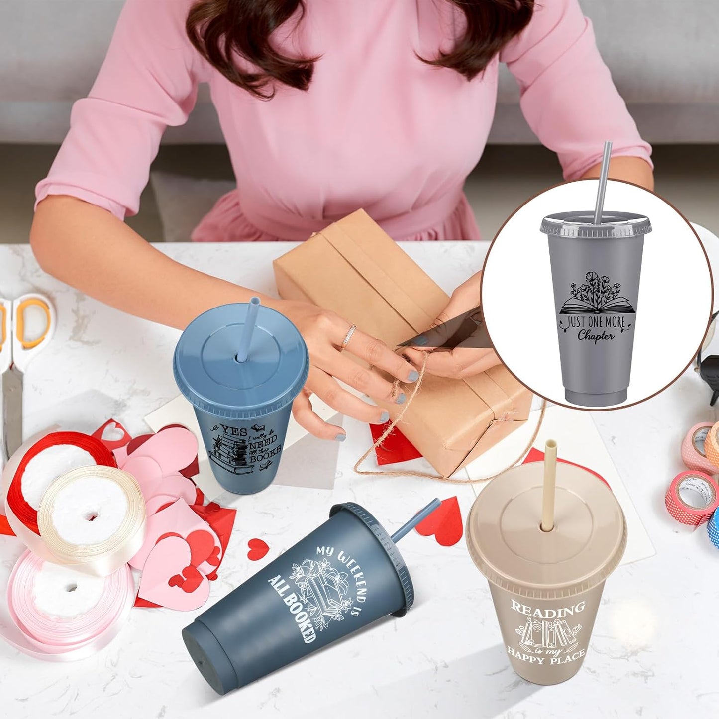Sliner 12 Pcs Book Lovers Gifts 24 oz Book Club Themed Tumbler with Straw and Lid Reusable Bookish Gifts for Reader Themed Party Birthday library(Morandi)
