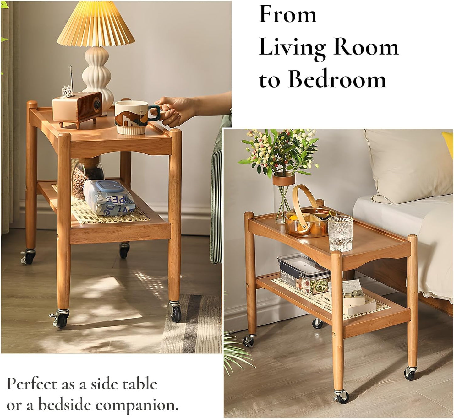 Rattan Side Table with Wheels, Small End Table with Storage, Narrow Wooden Bed Side Table for Living Room, Modern Slim Sofa Nightstand, 23.43" W*12.99" D*19.69" H, (Natural)