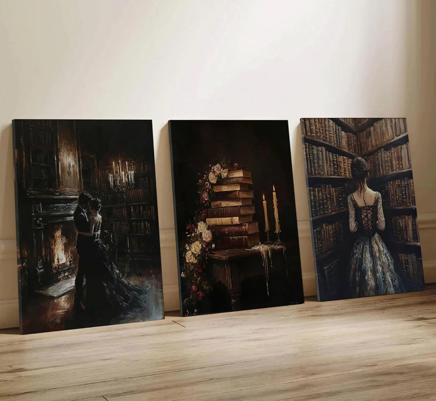 3pcs Vintage Library Canvas Wall Art Gothic Dark Academia Aesthetic Posters Prints Paintings Victorian Antique Book Wall Decor Pictures for Living Room Bedroom Reading Room Home Decorate Unframed