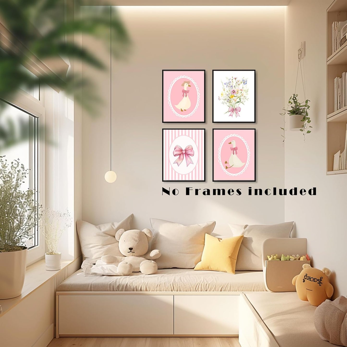 LUKIPOM Coquette Pink Nursery Wall Art Posters Set of 4, Girls Room Bedroom Nursery Dorm Decor, Preppy Pink Bow Goose Wildflower Girly Canvas Prints Artwork Wall Decor, 8x10 Unframed