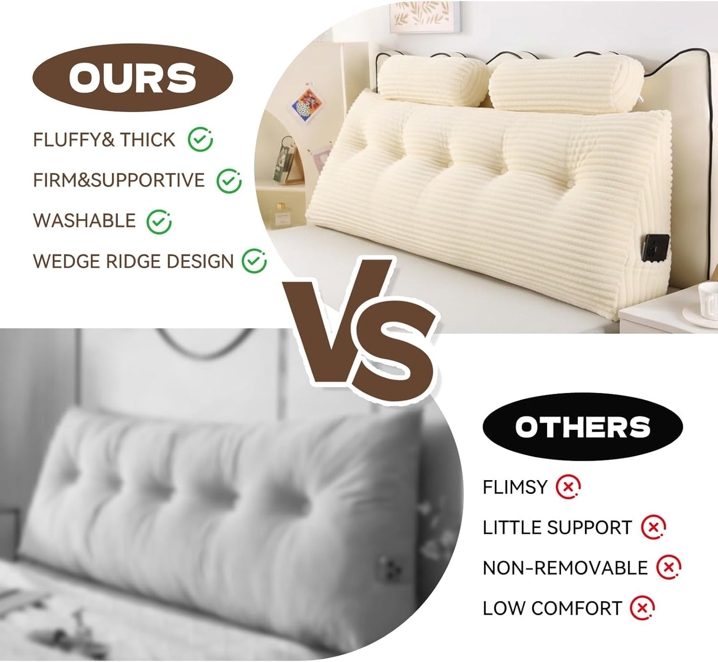 Headboard Pillow Queen - Adjustable Back Support Wedge Pillow for Sitting Up in Bed, Perfect for Reading. Includes Removable & Washable Cover,Beige(59x8x20 Inches)
