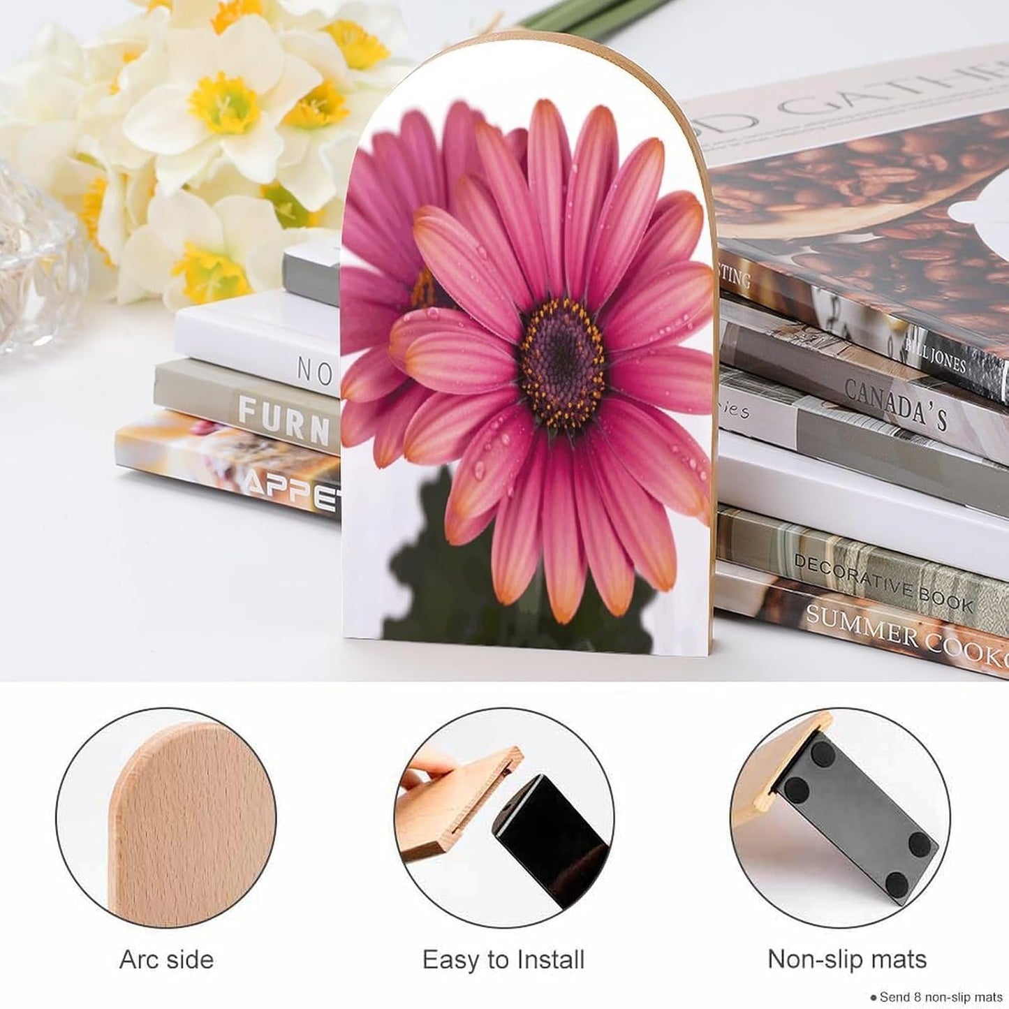 Pink Daisy Flower Bookends 1 Pair Heavy Duty Book Ends for Shelves Non-Skid Bookend Supports Wooden Book Holders with Metal Base Desk Organizers Books Storage to Hold Books