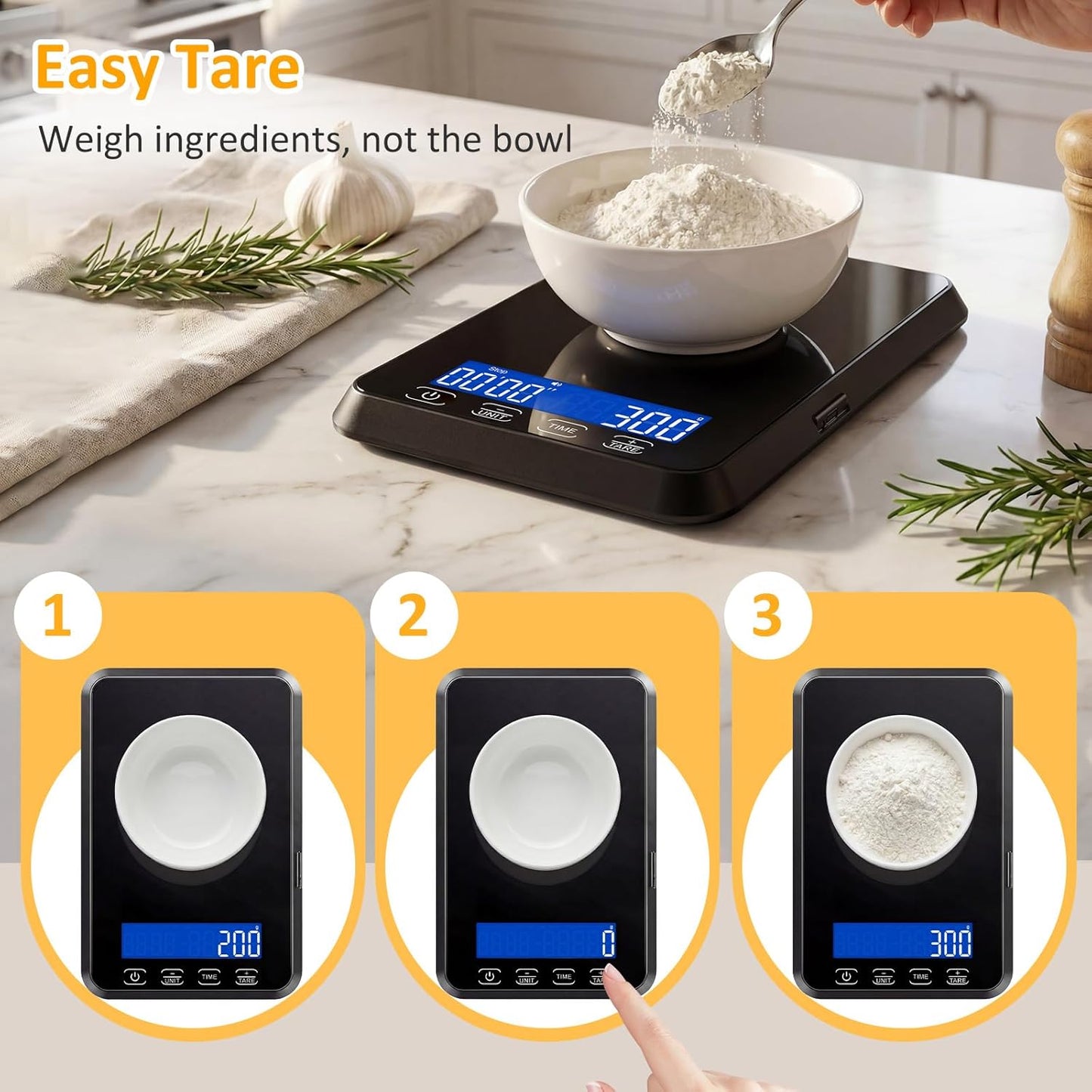 Food Scale, 33 lb / 0.1 oz High Precision Kitchen Scale for Sourdough Bread, Built-in 7 Units, Timing & Tare Function, Rechargeable Digital Kitchen Scale for Food, Baking, Cooking