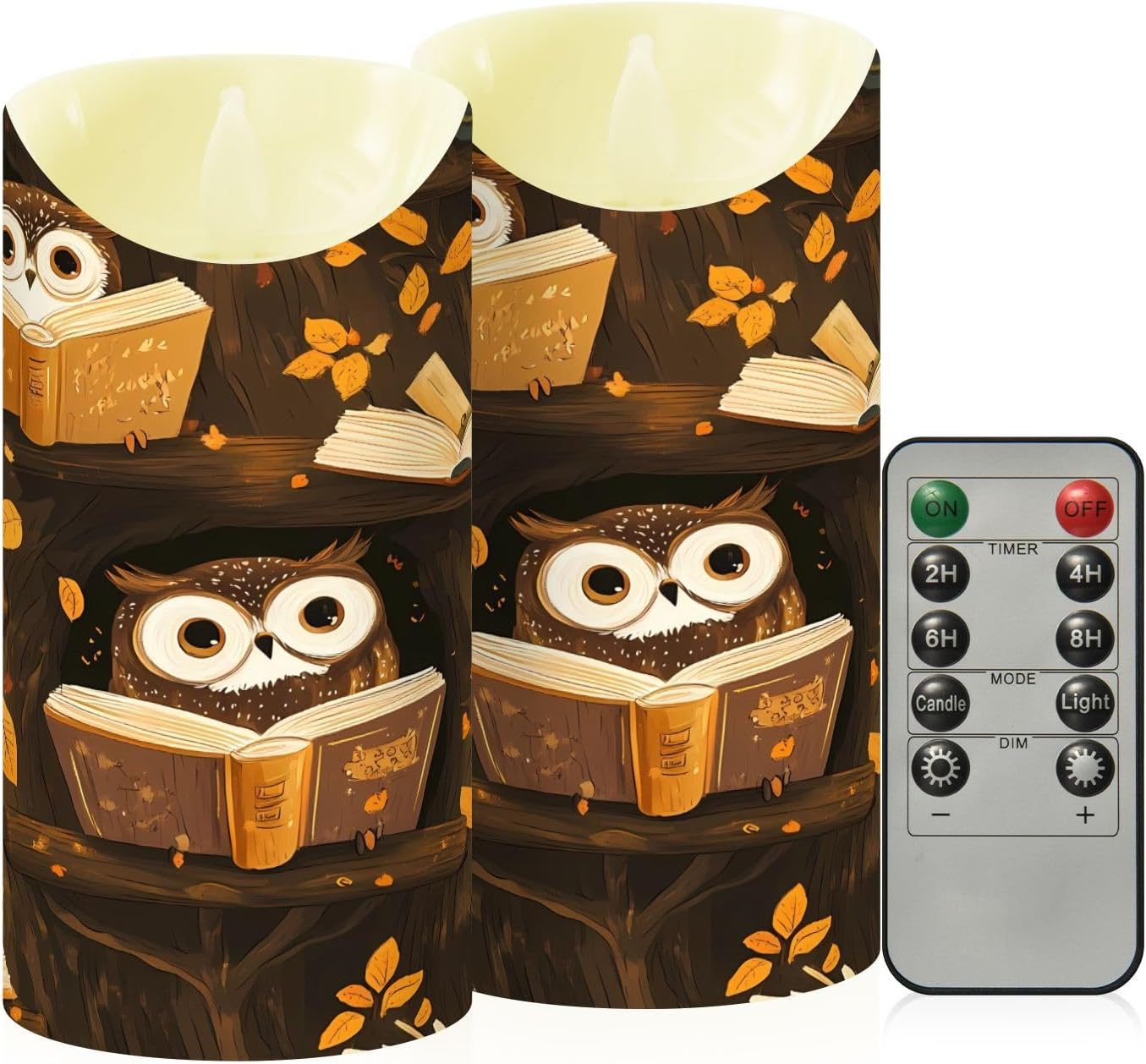 ALAZA Owl Reading Pattern Flameless Candles with Remote Timer,LED Flickering Battery Operated Electric Pillar Tea Light Candles for Wedding Table Christmas Decorations 3" x3.9"