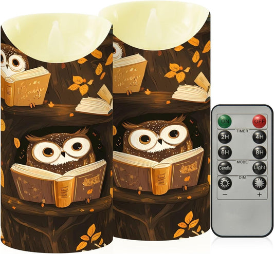 ALAZA Owl Reading Pattern Flameless Candles with Remote Timer,LED Flickering Battery Operated Electric Pillar Tea Light Candles for Wedding Table Christmas Decorations 3" x3.9"