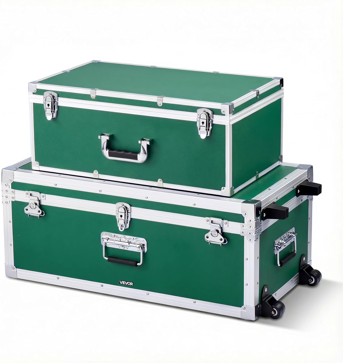 VEVOR Storage Trunk, Set of 2, Wooden Suitcase Storage Boxes with Padlocks, Large Trunk Includes Casters and 3 Metal Handles, Decorative Store Chest with Lids for Travel, Apartment, Dorm, Green