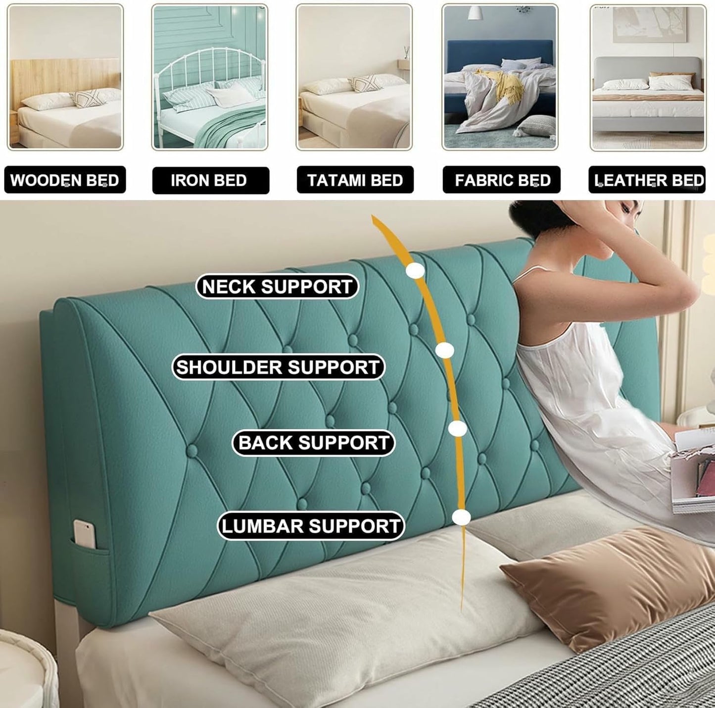 Soft Faux Leather Headboard Upholstered Full Rectangle Pillowboard Bedside Pillow Bed Soft Case Lumbar Support Cushion Removable Daybed Bunk Bed Pillow,Gray1,Paste/63x23x2In
