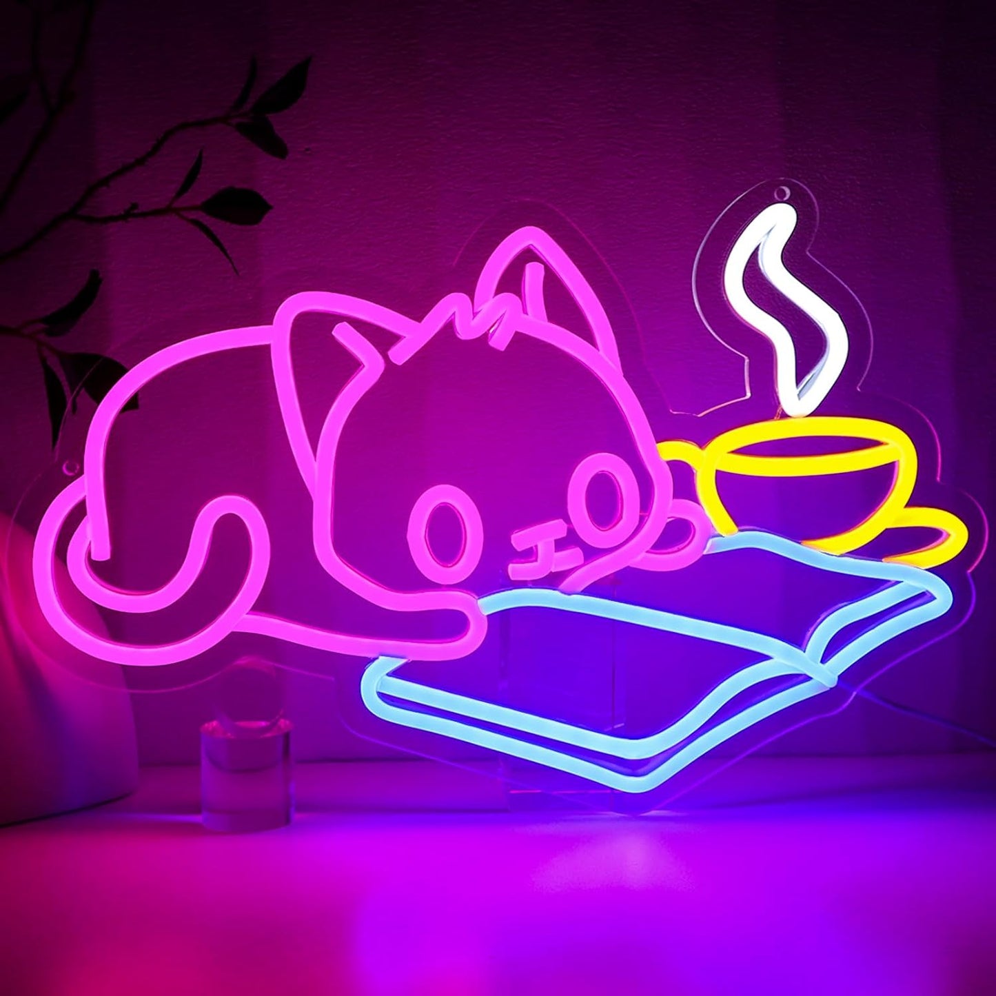 Cat Reading Book Neon Sign for Wall Decor, Cute Cat Led Signs for Library, USB Dimmable Neon Lights for Classroom Reading Cafe Corner Bedroom Study Room Home Book Club Motivational Wall Art