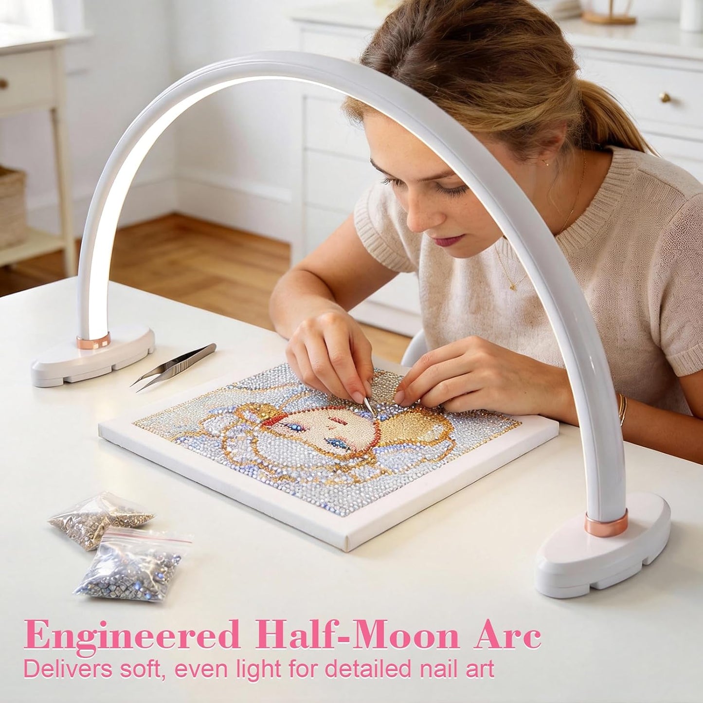Half Moon Light for Nail Desk 20 inch Nail Desk Light Half Moon Lamp Portable Arch Lamp Dimmable with Foldable Bracket for Desk Salon Table Use, 3 Color Temperature