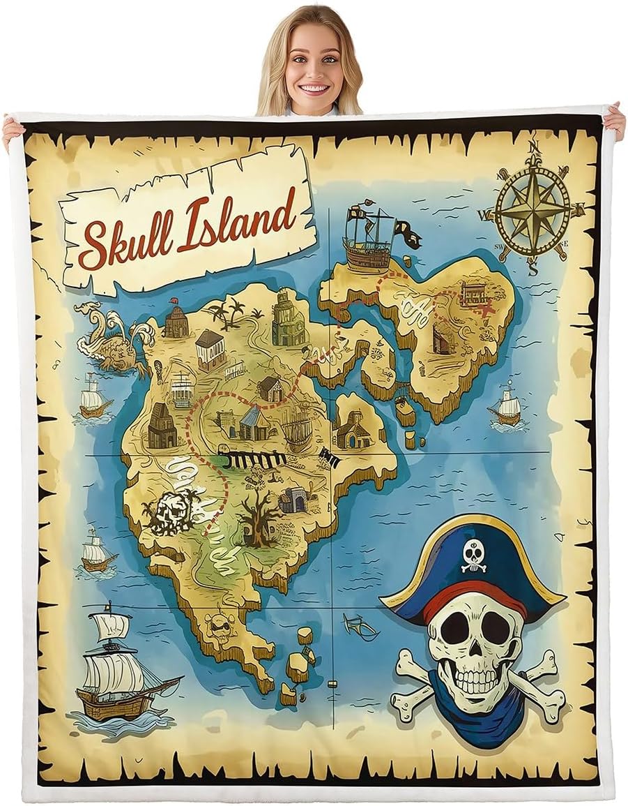 Feelyou Vintage Nautical Throw Blanket for Kids Boys Teens Pirate Treasure Map Blanket Skull Island Fleece Blankets Sea Adventure Sherpa Blanket,Room Decor Plush Blankets Throw 50"x60"