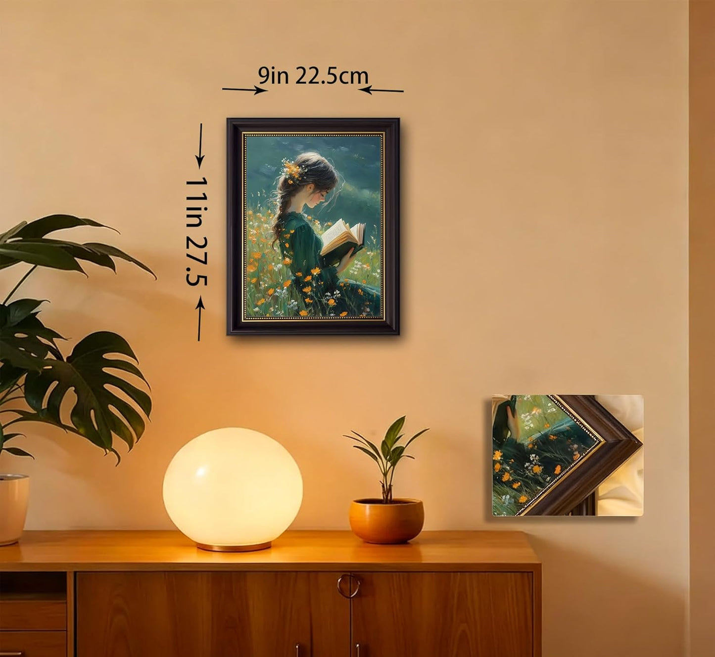 Vintage Dark Brown Framed Girl Books Canvas Wall Art Inspirational Kids Educational Wall Decor Picture Girl Reading On The Grass Poster Print for Children'S Room Living Room Bedroom Home Decoration