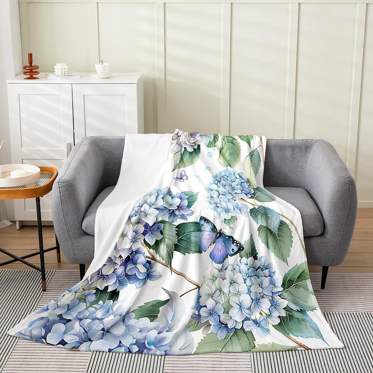 Erosebridal Girls Ombre Floral Throw Blanket Queen 90x90,Blue Hydrangea Flowers Fleece Blanket,3D Butterflies Blanket,Summer Garden Rustic Theme Flannel Blanket,Luxury Soft