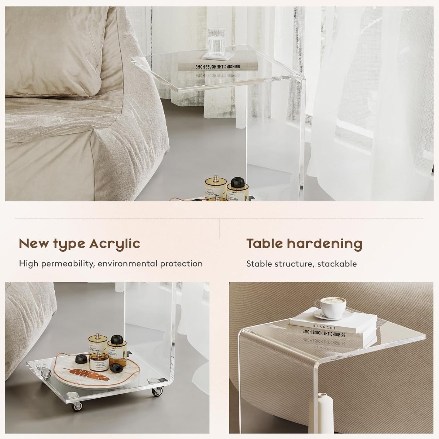 Modern Acrylic Side Table, C-Shaped Sofa Table Nightstand with Storage and Lockable Wheels for Living Room, Bedroom, Office, Bedside, Couch, 13.38" D x 14.17" W x 21.65" H
