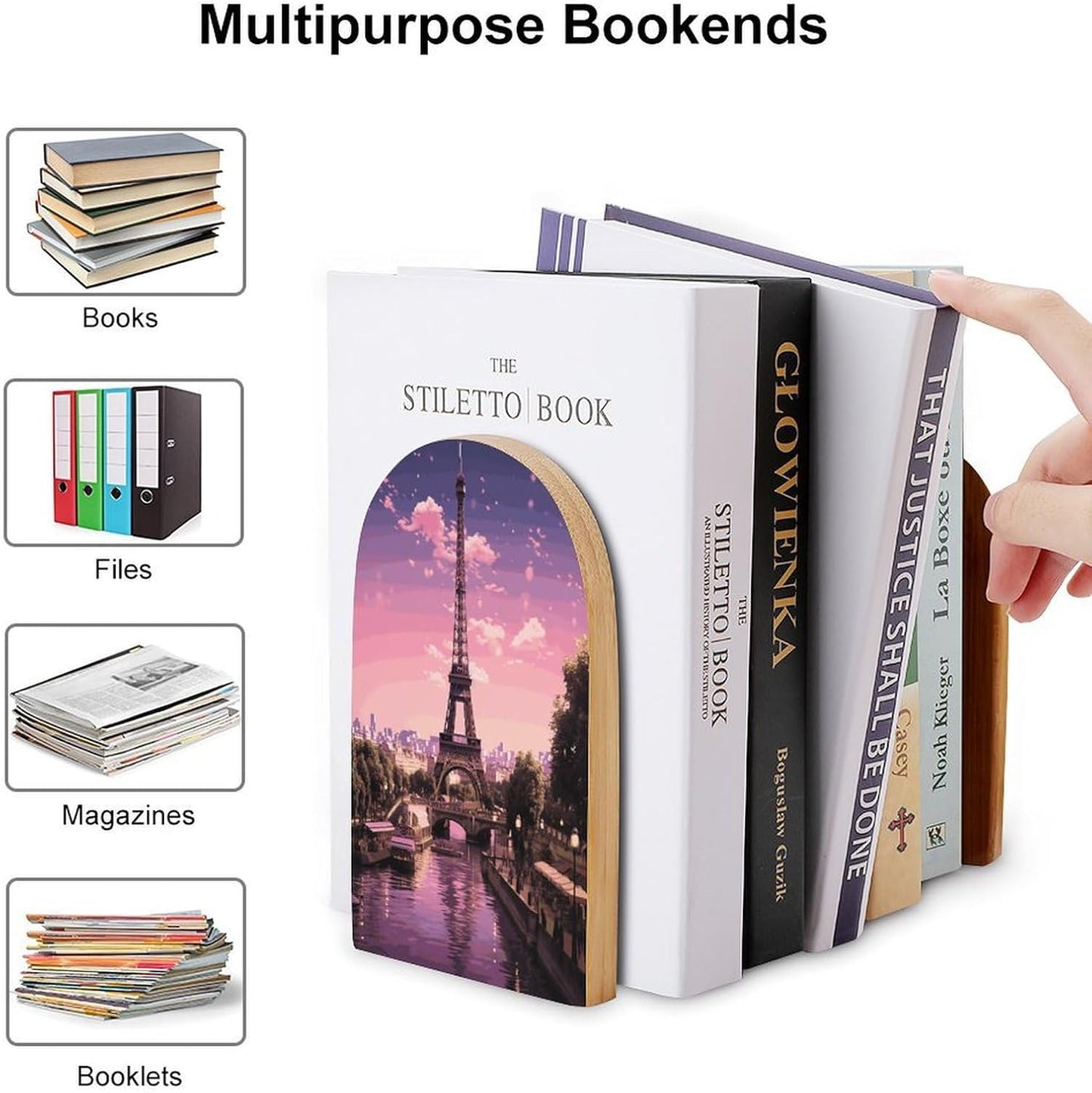 Pink Paris Bookend for Shelves Wooden Book End Large Size Sturdy Book Holders Stoppers with Metal Base for Bookshelves Slick Decorative Bookends Stands