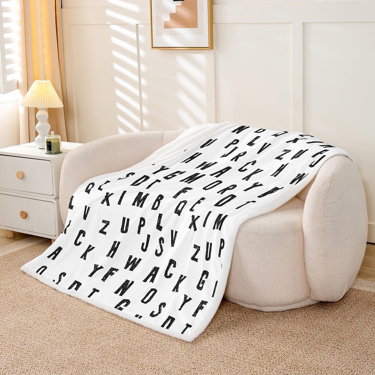 Castle Fairy Black Alphabet Kids Flannel Blanket,Cute English Letters Pattern Fuzzy Blanket for Children,Modern Simple Style White Polyester Throw Blanket for Couch, Twin Size (60 x 80 Inch)