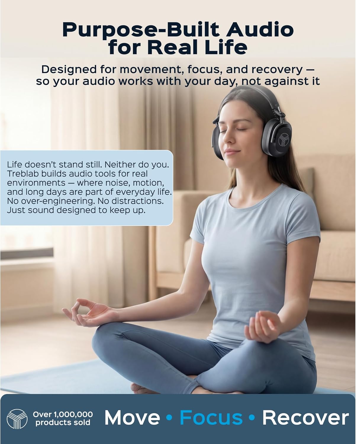 TREBLAB Bluetooth Headphones Over the Ear, Noise Cancelling, Hybrid ANC, 64H Battery, IPX4, Foldable Wireless Headphones with Mic, Lightweight, Work and Travel – U5