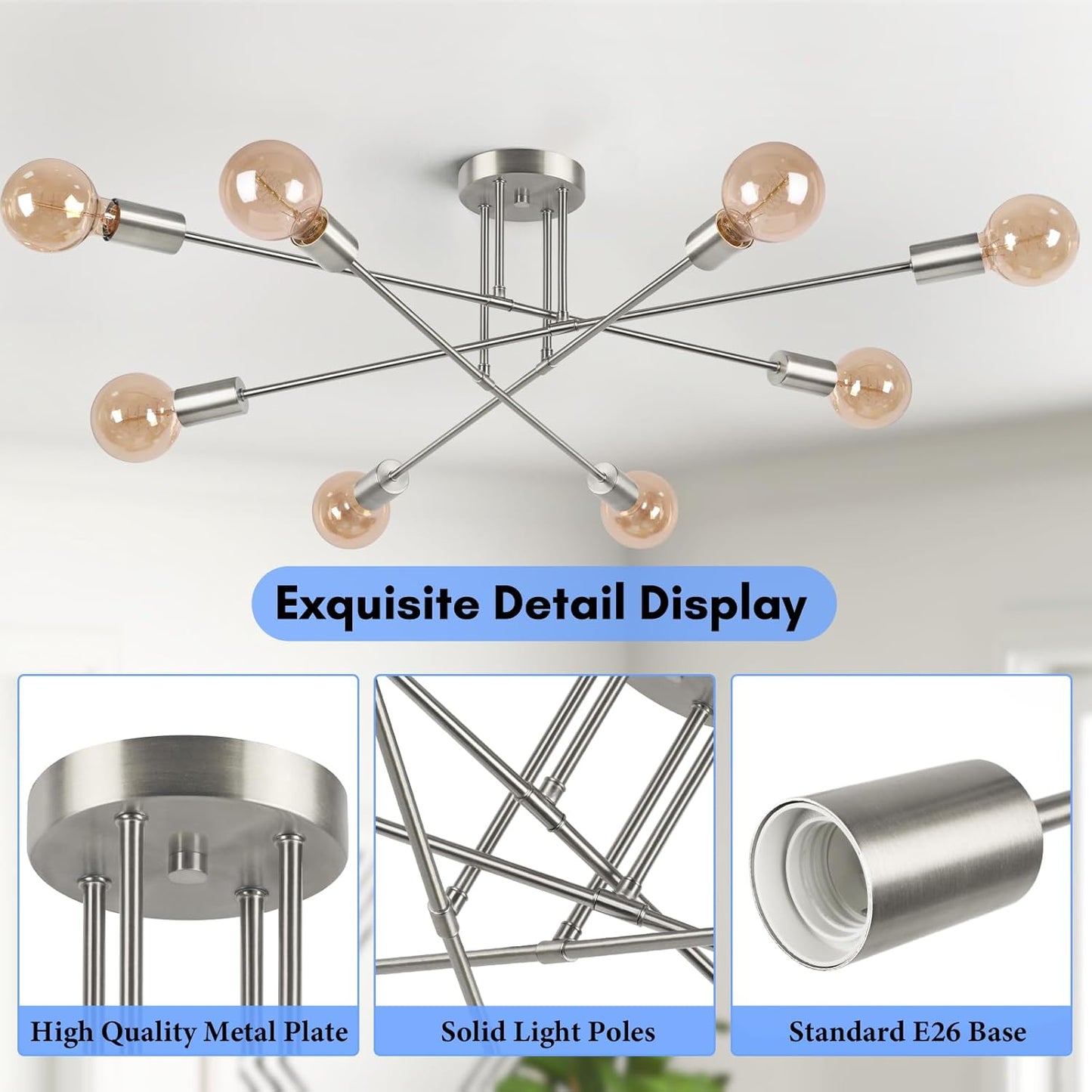 Modern Sputnik Chandelier 8-Light Industrial Ceiling Lights Fixture 32" Brushed Nickel Semi Flush Mount Ceiling Light with E26 Base Sputnik Lights Fixture for Dining Room Bedroom Hallway Living Room