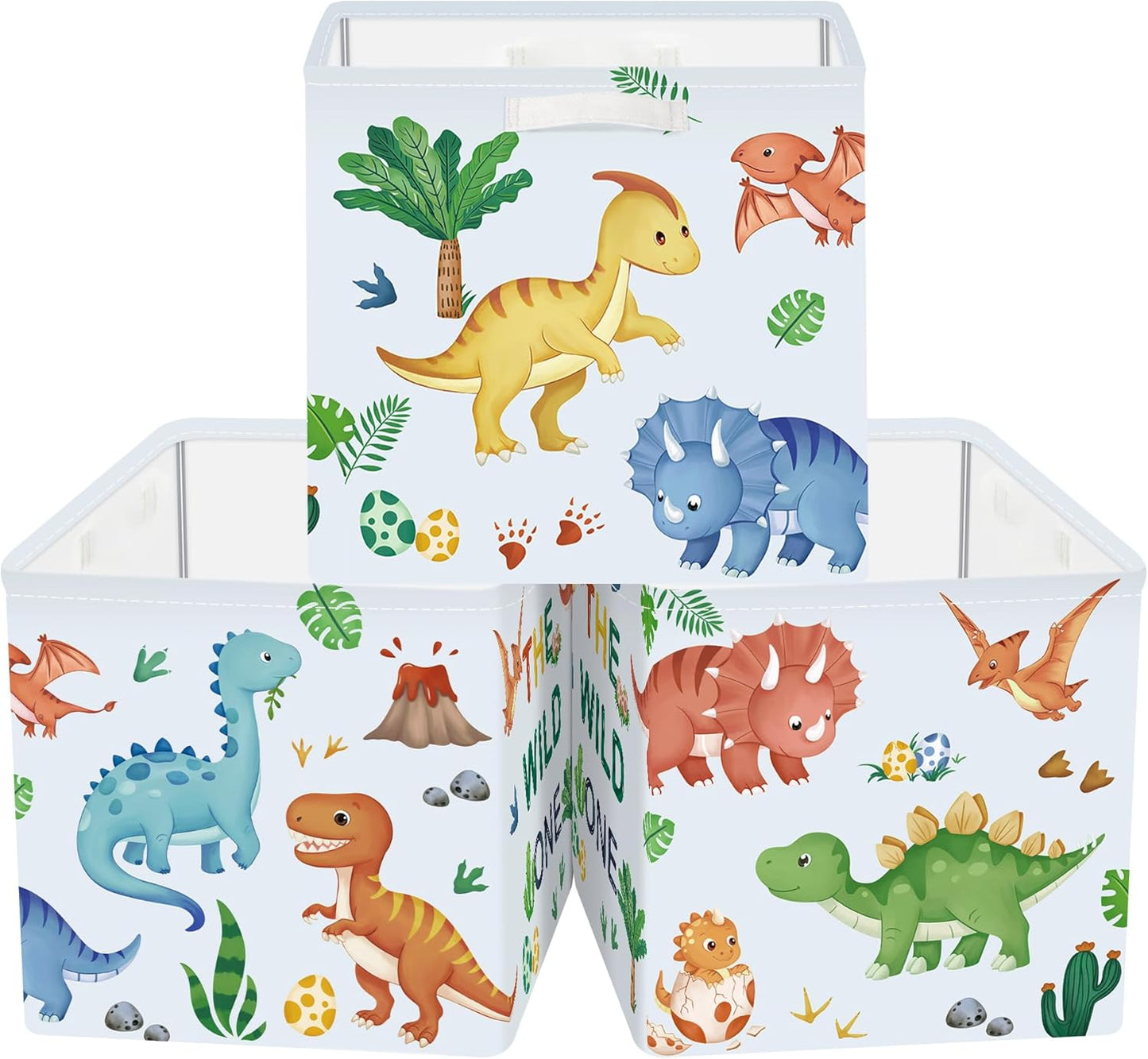 11.8" Boho Dinosaurs Cube Storage Organizer Set 3Pcs Palms Eggs Cube Storage Bin for Bathroom/Bedroom Kid Book Toy Chest, Volcanoes