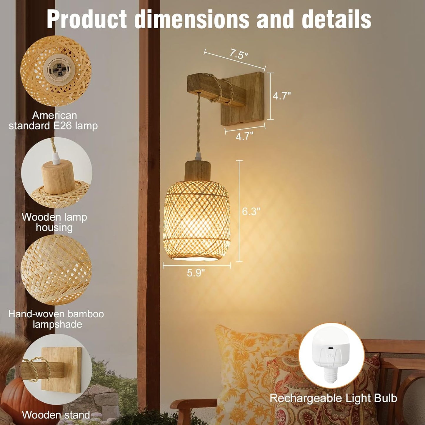 Battery Operated Wall Sconces Set of Two, Bamboo Lantern Rechargeable Wall Sconce with Remote, 15 Colors Dimmable Boho Wireless Wall Lights for Bedroom, Living Room, Wall Decor