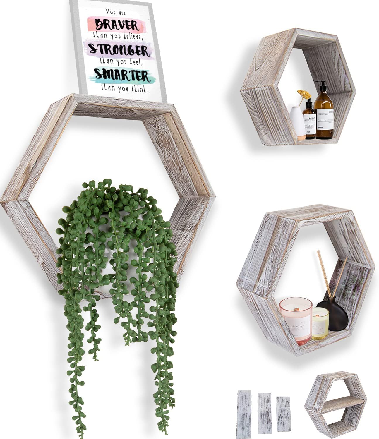 Comfify Rustic Wall Mounted Hexagonal Floating Shelves – Set of 3 Honeycomb Shelves - Farmhouse Decor – Honeycomb Wall Decor - Rustic White