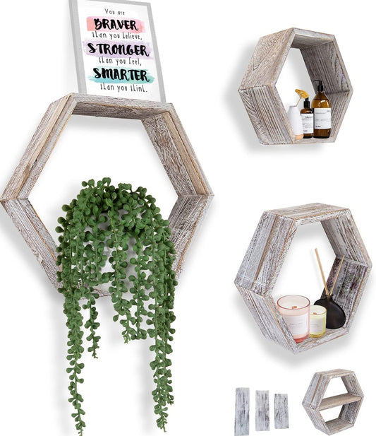 Comfify Rustic Wall Mounted Hexagonal Floating Shelves – Set of 3 Honeycomb Shelves - Farmhouse Decor – Honeycomb Wall Decor - Rustic White