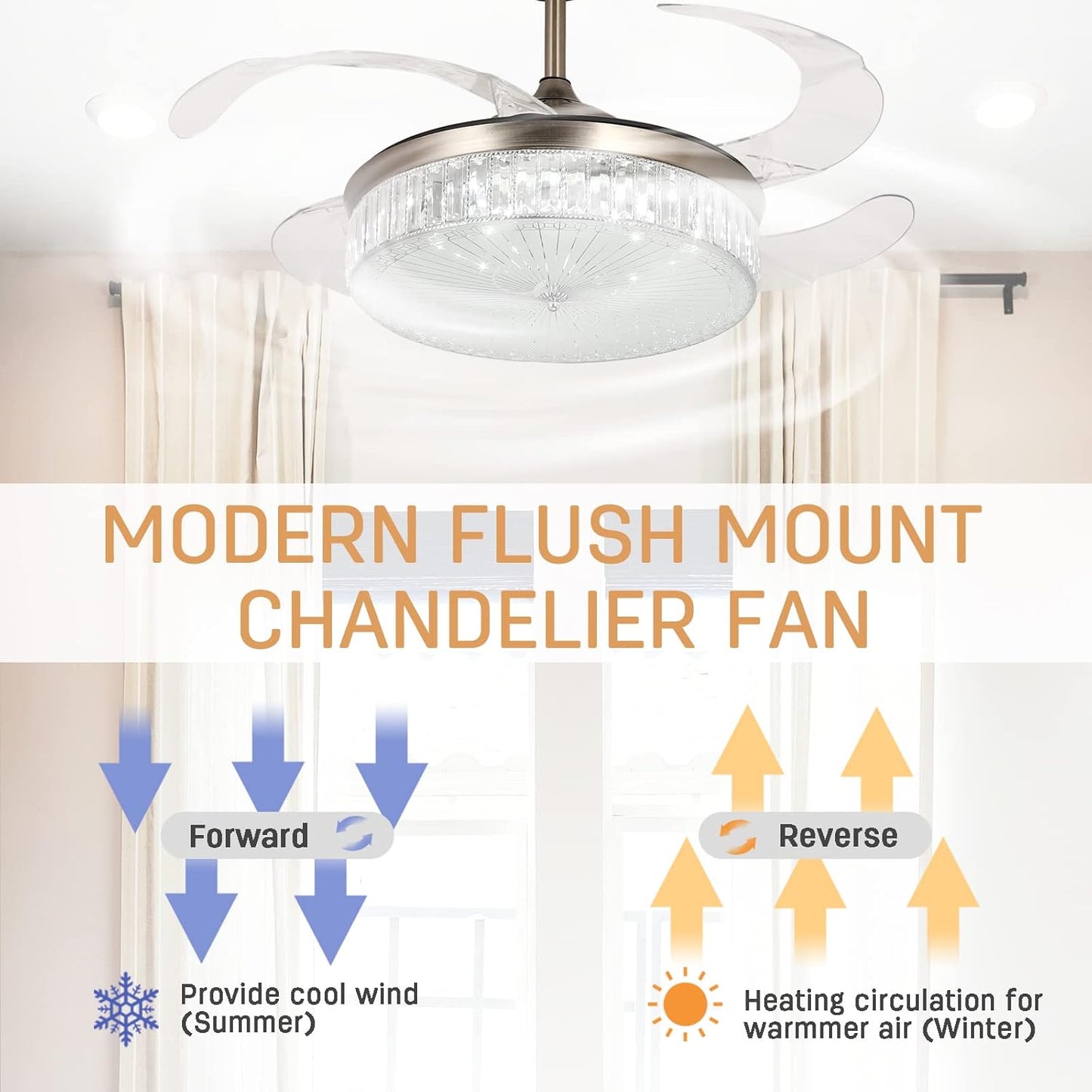 STERREN 42 Inch Crystal Ceiling Fan with Light,Modern Retractable Flush Mount Low Profile Bladeless Chandelier Ceiling Fan with Lights and Remote for Bedroom Living Room Fandelier