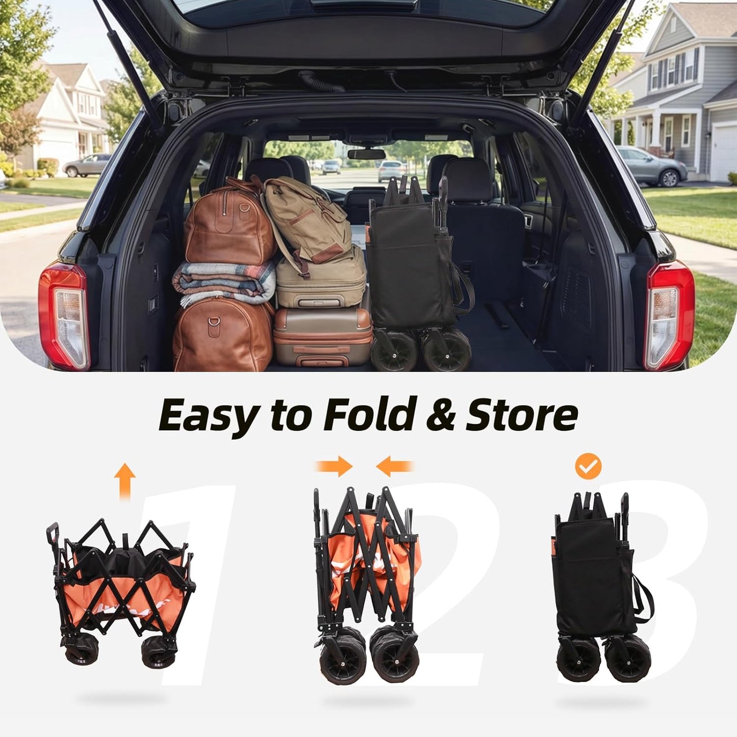 EchoSmile Collapsible Folding Wagon Cart with Compact Storage - 400Lbs Capacity All Terrain Utility Cart for Camping, Beach, Grocery, Gardening(Orange)