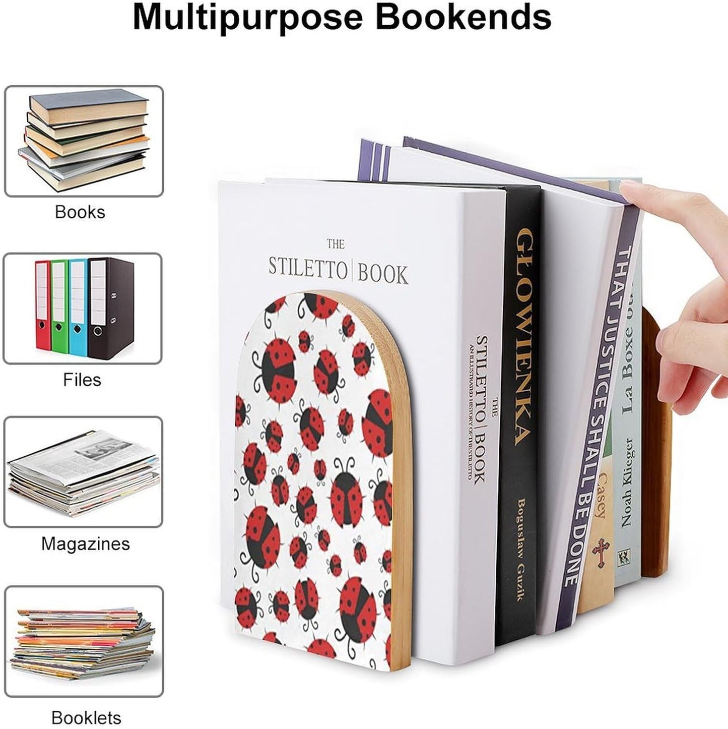 Funny Ladybug Wooden Bookend Non-Slip Book Ends Heavy Duty Book Stopper with Metal Base Books Holderd Decorative Bookends Stands Firmly for Office Supplies
