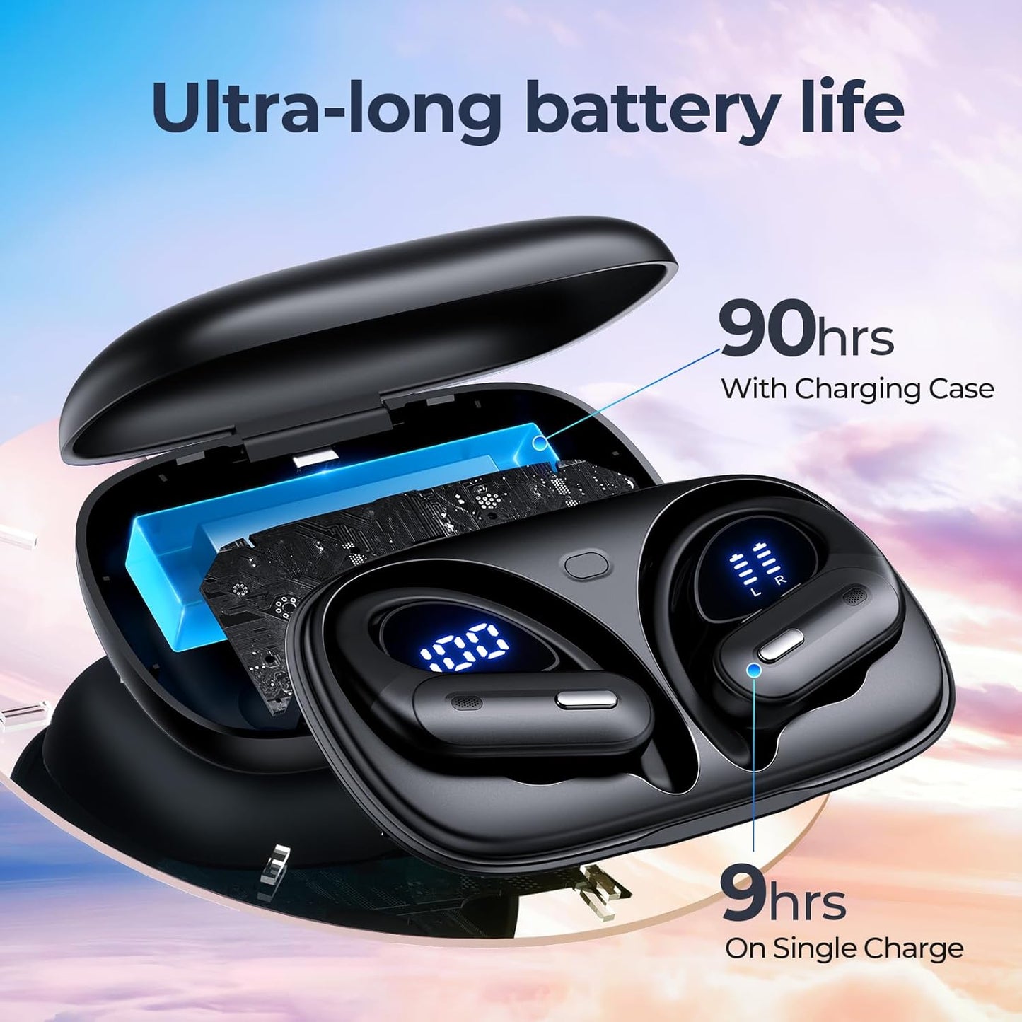 Active Noise Cancelling Ear Buds Wireless Earbuds 90 Hrs Playtime Bluetooth Headphones with Hi-Res Stereo Deep Bass Power Display Earphones with Earhooks Waterproof Transparency Headset for Sports/Gym