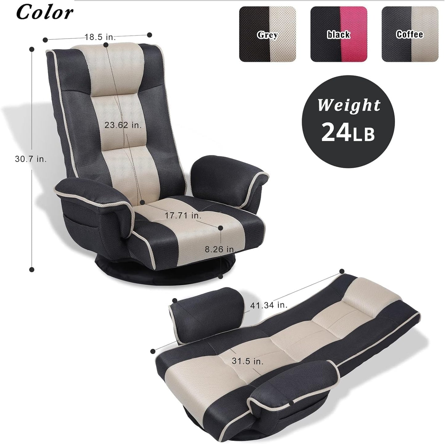 Linen Fabric Ergonomic Gaming Chair, 6-Position Reclining Sofa Bed with Lumbar Support, Foldable Floor Lounger with Thick Cushion, Armrests & Side Pockets for Esports, Reading, Napping (Grey + Beige)