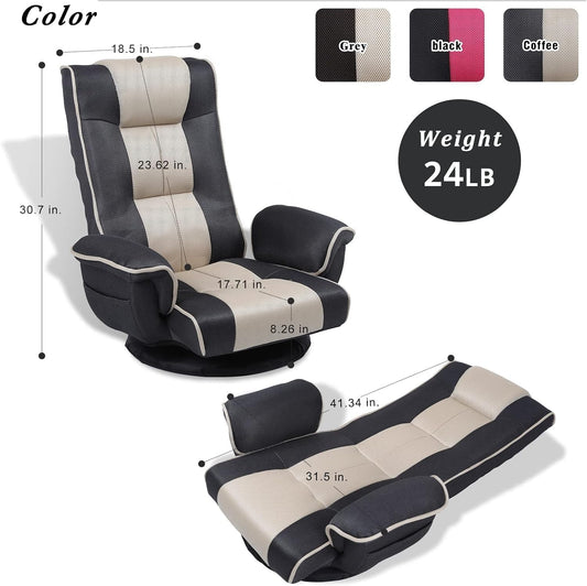 Linen Fabric Ergonomic Gaming Chair, 6-Position Reclining Sofa Bed with Lumbar Support, Foldable Floor Lounger with Thick Cushion, Armrests & Side Pockets for Esports, Reading, Napping (Grey + Beige)