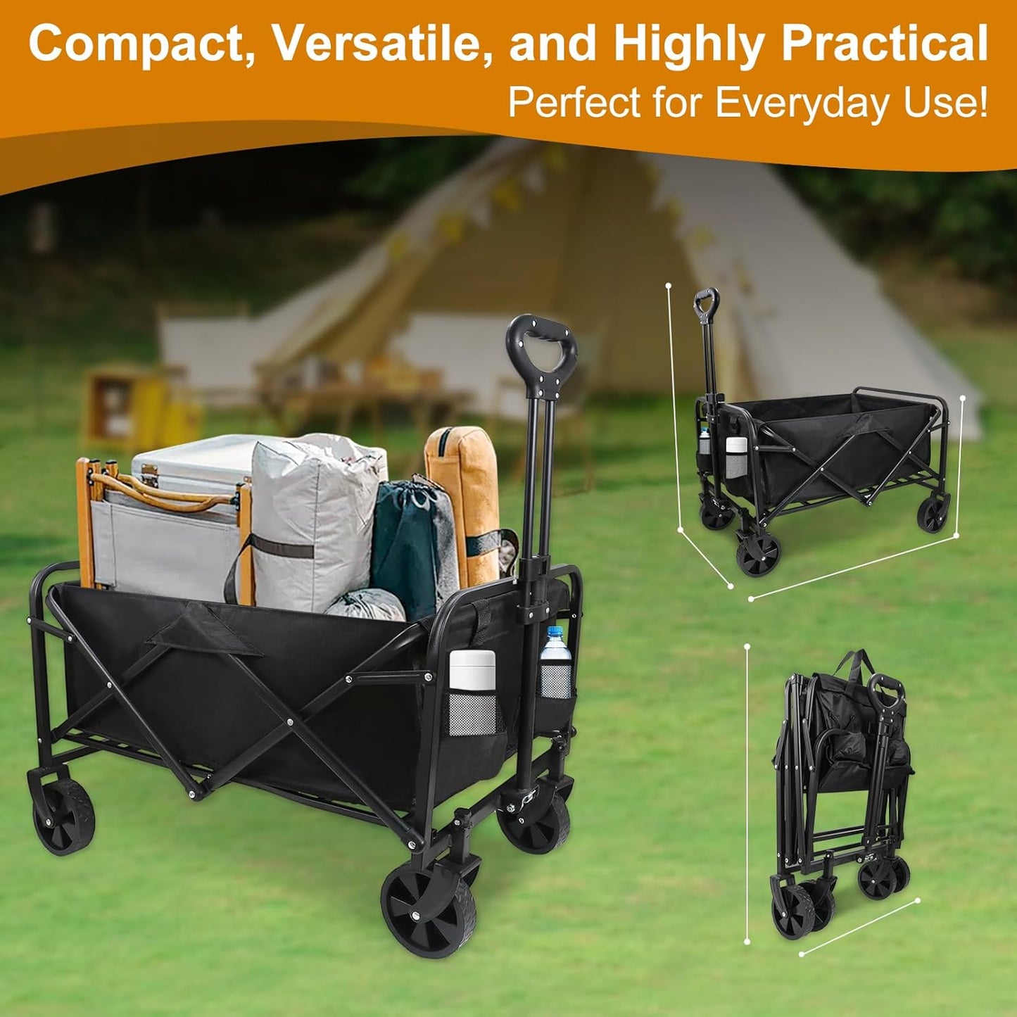 Heavy-Duty Collapsible Wagon Cart with Wheels, Lightweight Foldable Utility Cart with Adjustable Handle for Outdoor Use – Ideal for Grocery Shopping, Camping, Sports, Fishing, and More (Black)