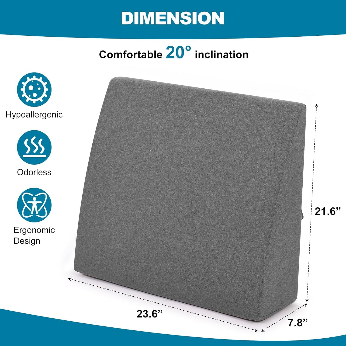Back Pillow for Bed Sitting Up — 23.6"×22" High-Resilience Wedge Backrest (Dark Grey)