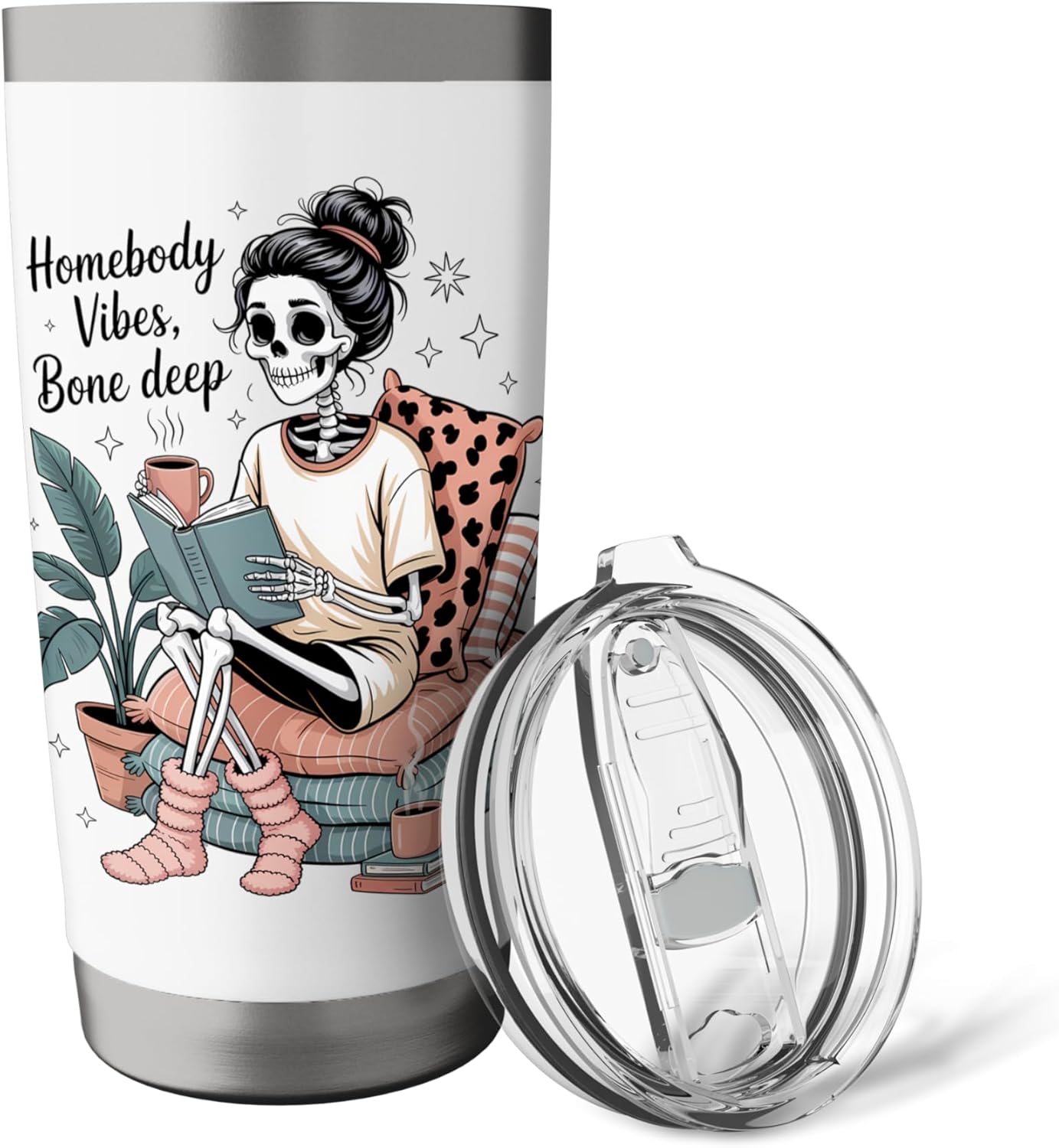 Homebody Skeleton Reading Book Cozy Bone Deep Vibes Stainless Steel Insulated Tumbler