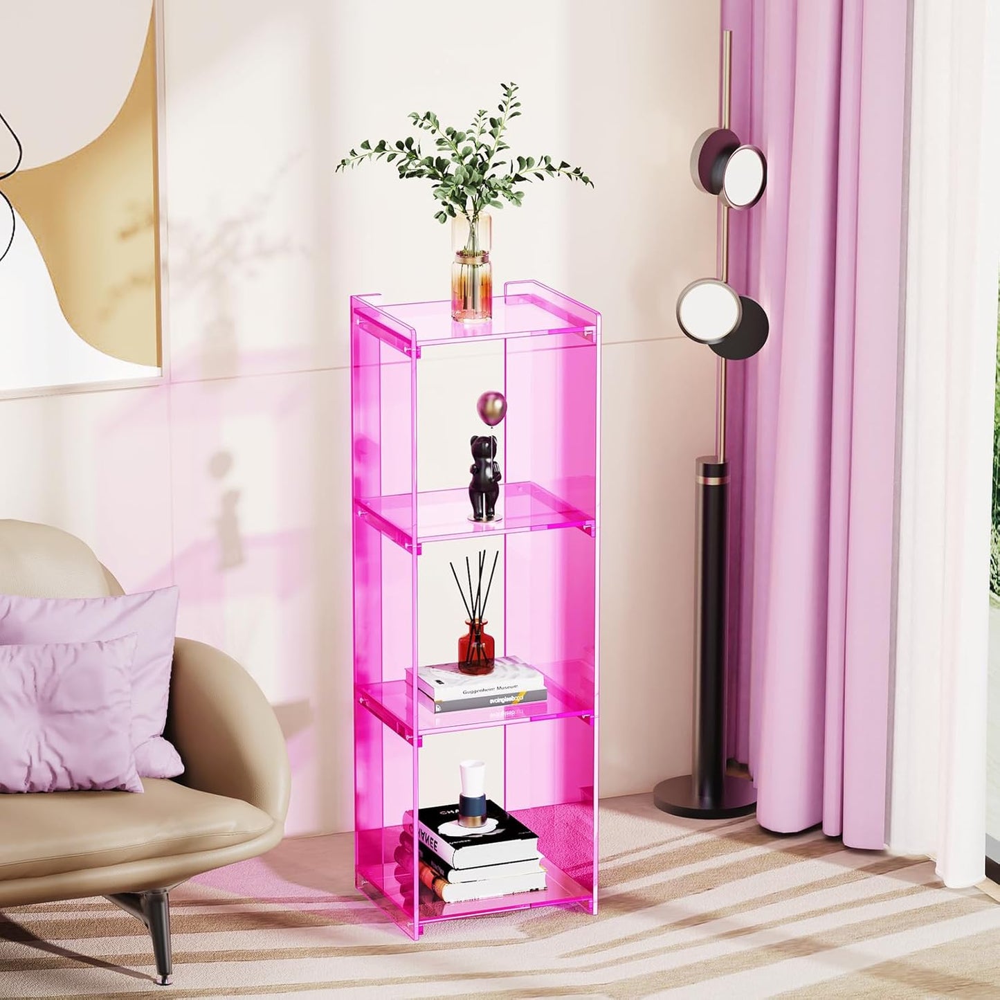 Acrylic Bookcase Small Narrow Shelf Bookshelf Corner Bookshelf Freestanding Tall Skinny Storage Organizer Rack, for Living Room, Kitchen, Bedroom 43.3" H (Pink)