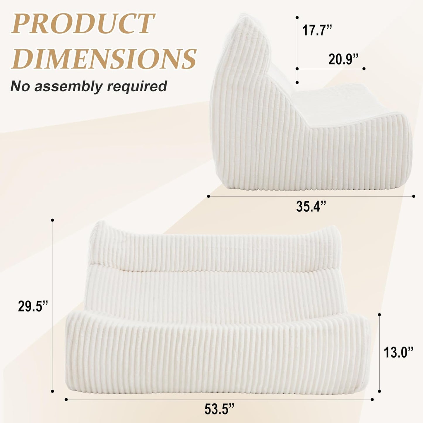 Bean Bag Chairs for Adults, Giant Bean Bag Chair, Memory Foam Lounge Chair, Comfy Lazy Floor Chair, Bean Bag Sofa for Living Room, Bedroom and Office, Loveseat Bean Bag (White)