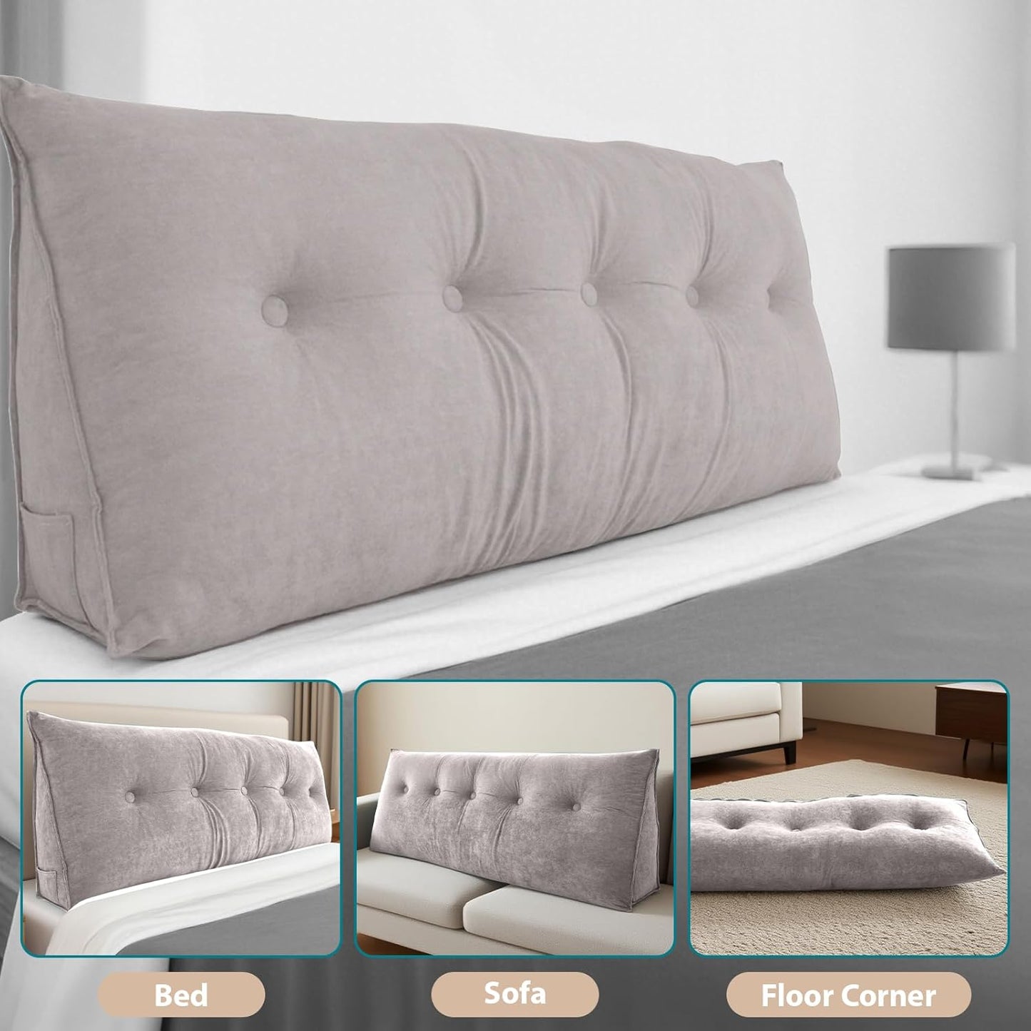 FAHKNS Wedge Pillow Headboard Queen, Removable Bed Wedge Pillow, Triangle Headboard Pillow for Bed, Sofa, Patio, Glass Window Floor, Light Gray