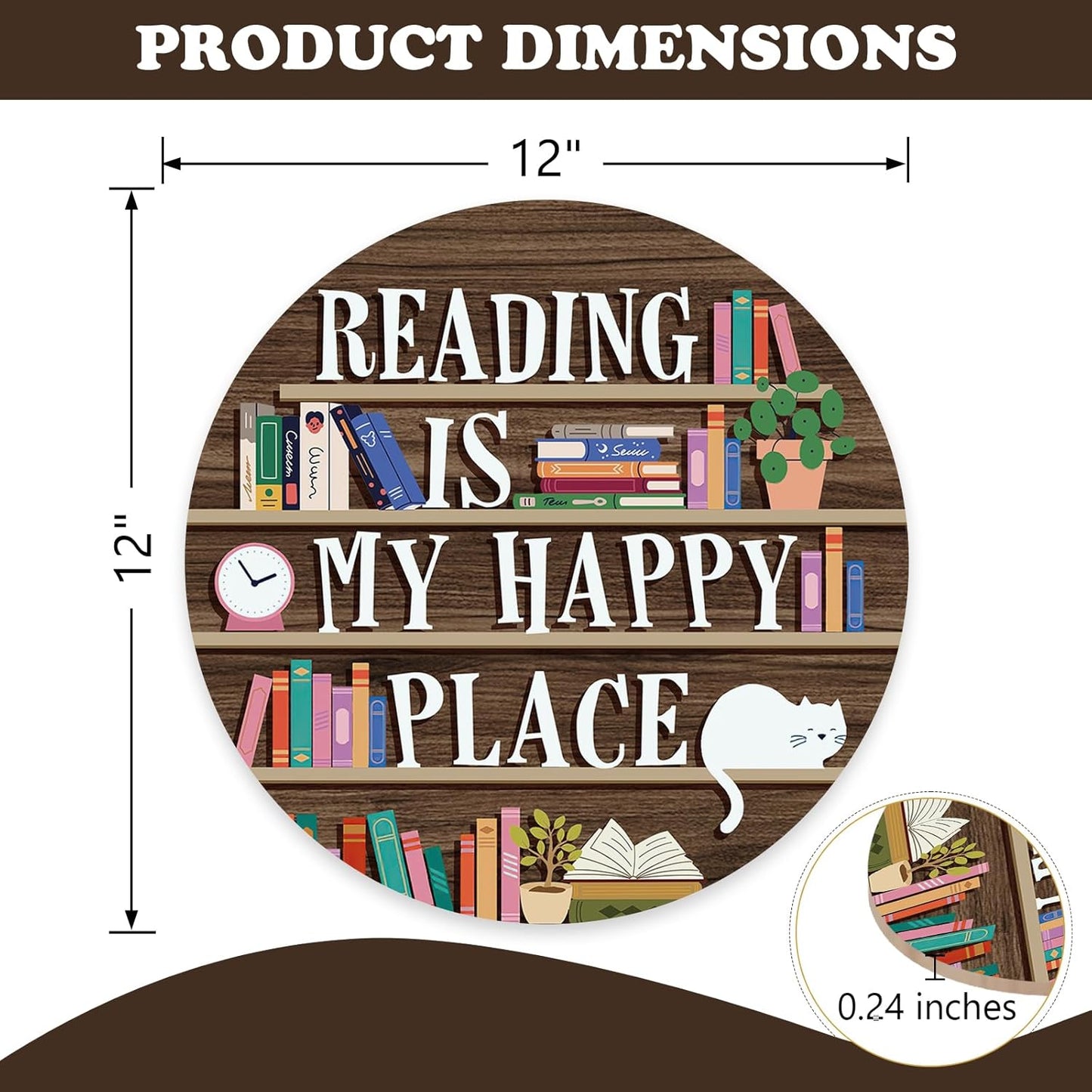 Reading is My Happy Place Front Door Sign, Inspirational Wooden Hanger School Classroom Library Reading Corner Home Decor, Wreath Indoor Wall Hanging Decoration Bookish Reader Book Lover Gift