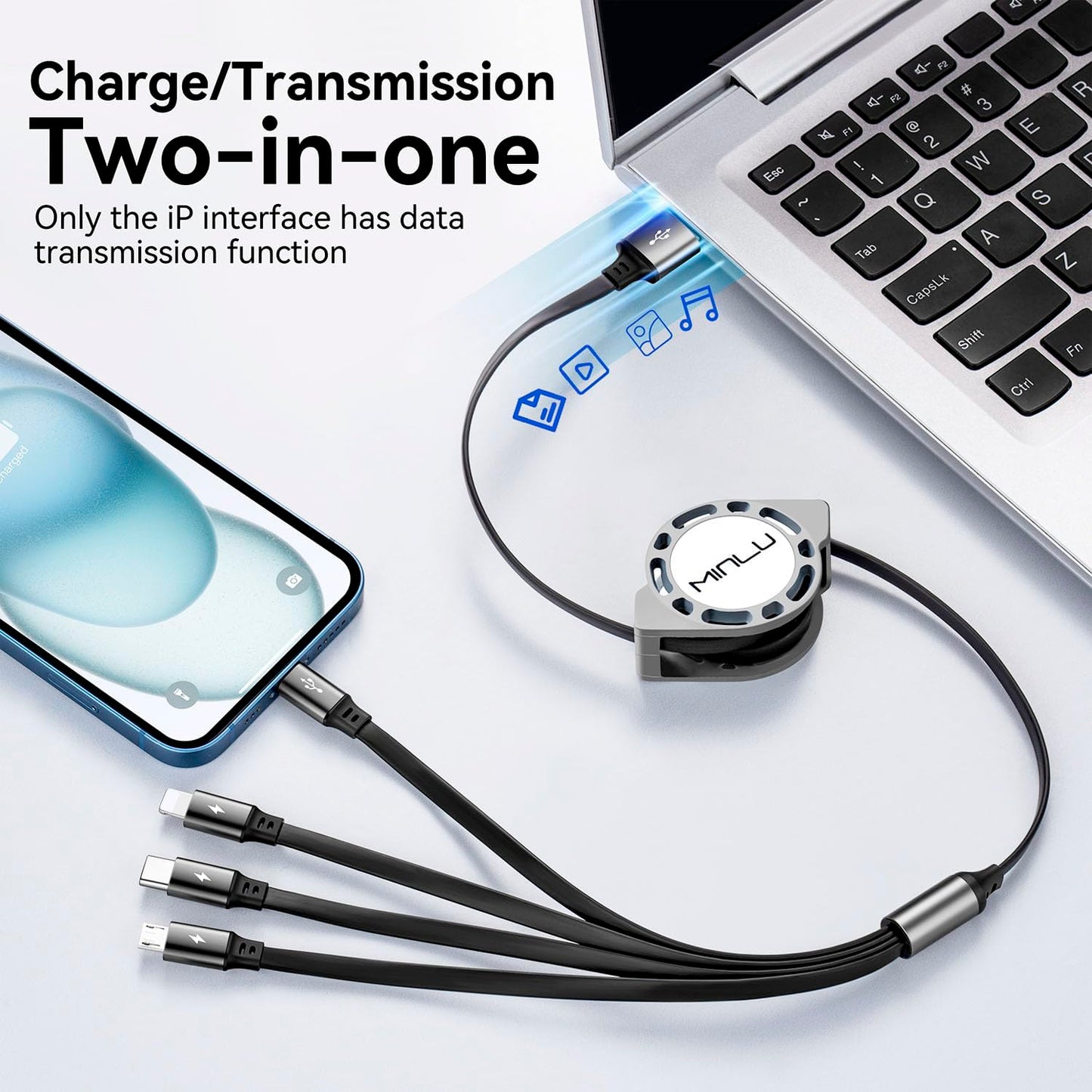 MINLU Multi Charging Cable 4A, 2Pack 4Ft Retractable Multi Fast Charger Cable, Multiple Charging Cord, 4 in 1 Multi USB Cable with Type C/Micro USB Ports for Cell Phones/IP/Galaxy/PS/Tablets/iPads