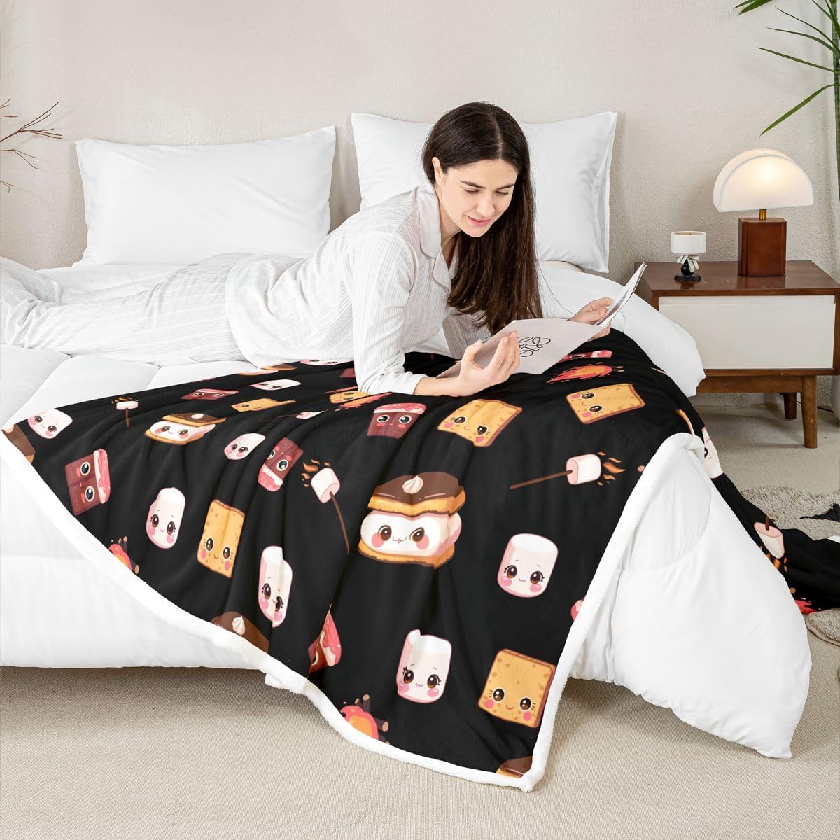Marshmallow Fleece Throw Blanket 40"x50" Cute S'Mores Plush Blanket for Bed Sofa Couch Boys Cute Cookie Sherpa Blanket Camper Outdoor Adventure Fuzzy Blanket Room Decor