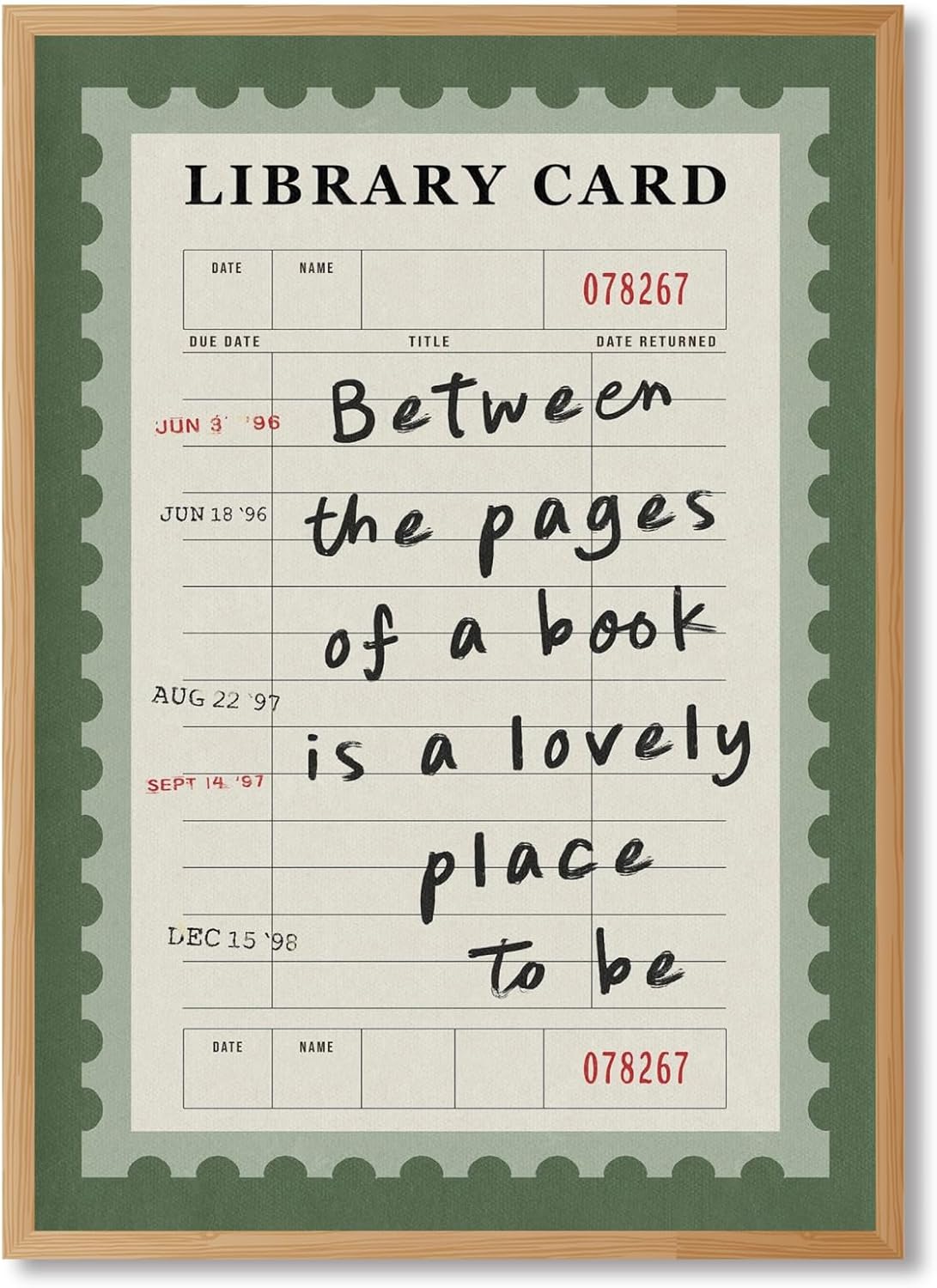 Framed Between The Pages Book Wall Art Green Library Card Print Trendy Book Lover Aesthetic Poster Vintage Cute Reading Quote Bookish Wall Decor for Study Room Girl Room 12x16inch Wooden Frame