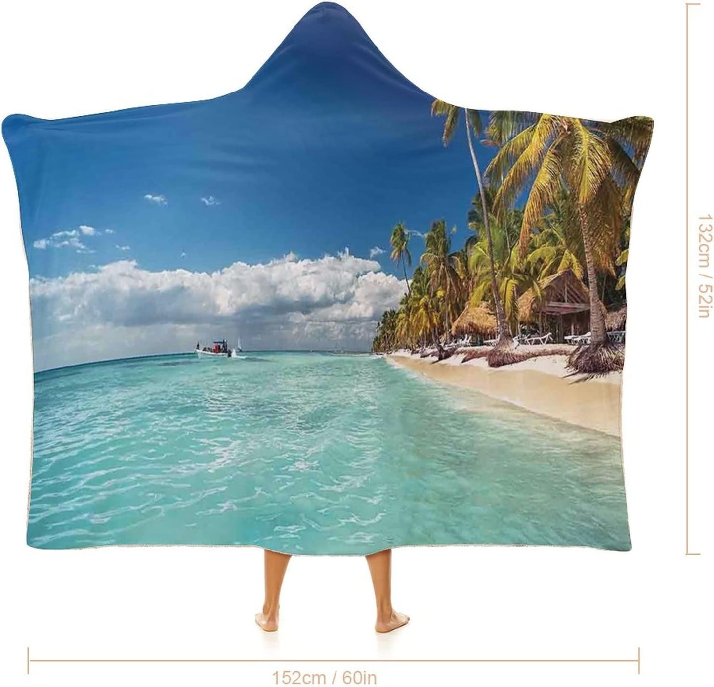 Throw Blankets, Ocean Women Men Hooded Blanket, Landscape of Paradise Tropical Island Beach with Vivid, Soft Warm Cozy, 60 x 80inches, Studying Reading Snuggling Napping Office, Green Blue Cream