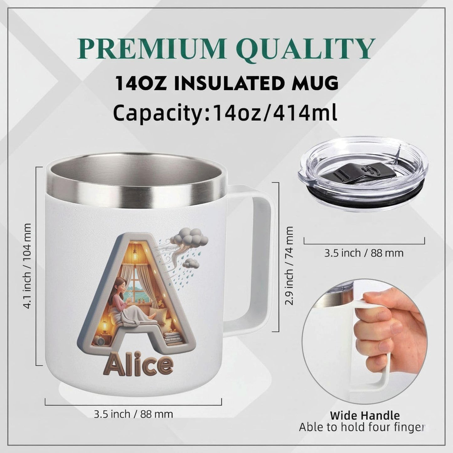 Personalized Insulated Coffee Mug with Lid and Handle, 14oz Stainless Steel Tumbler Cup with Custom Name Alice and Initial A, Cozy Reading Design Gift for Women, Book Lovers
