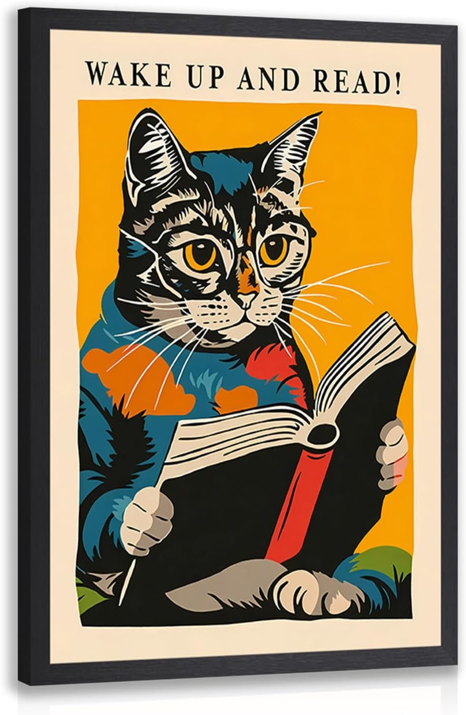 kilamino Wood Framed Funny Classroom Wall Art, Wake Up and Read Cat Wall Decor, Vintage Cute Animal Poster Print, Funny Reading Cat Canvas Painting for Library Classroom Bedroom School Office 16"x24"