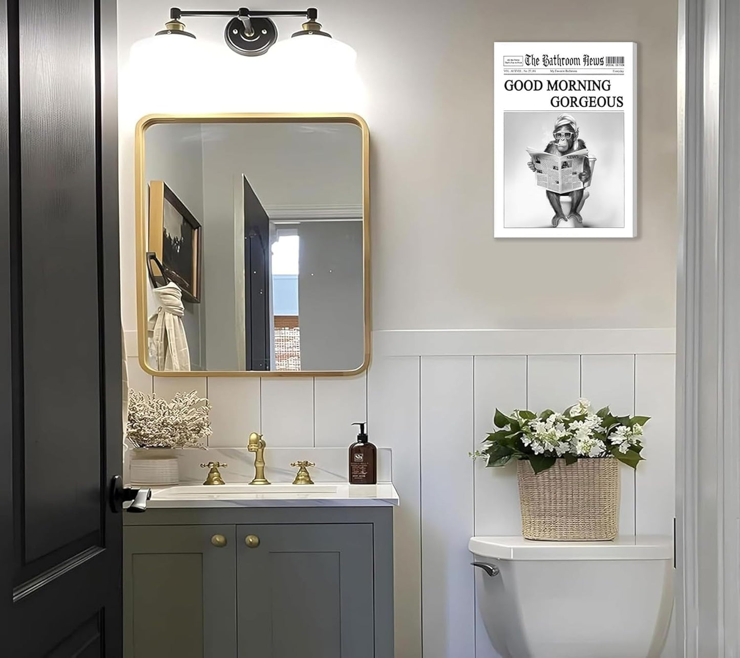 Funny Gorilla Bathroom Canvas Wall Art Black White Gorilla Reading Newspapers Painting Picture Wall Decor Humorous Bathroom Animals Poster Print Artwork for Toilet Home Decoration 12x16in