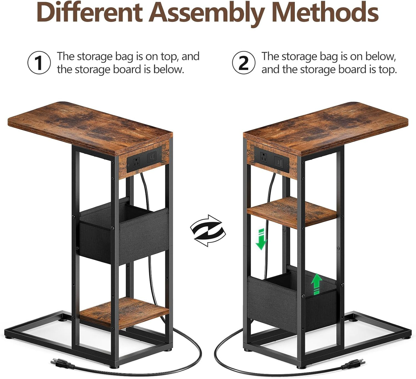 C-Shaped End Table with Charging Station — 3-Layer, Storage Bag, AC Outlet, USB Ports, Slide-Under Sofa Desk