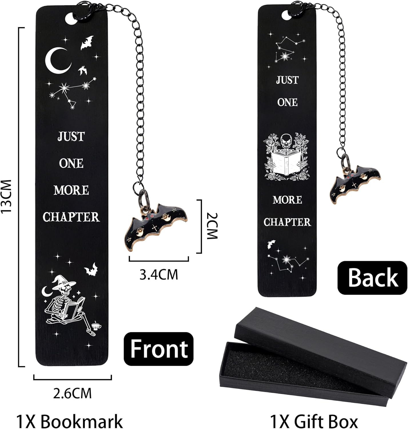 Gothic Skeleton Metal Bookmark Gifts - Just One More Chapter Bookmarks for Readers, Funny Book Lover Present for Birthday Halloween Christmas Graduation (Black)