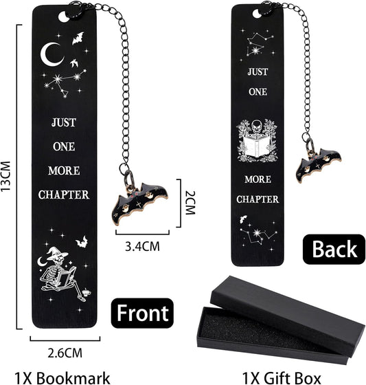 Gothic Skeleton Metal Bookmark Gifts - Just One More Chapter Bookmarks for Readers, Funny Book Lover Present for Birthday Halloween Christmas Graduation (Black)