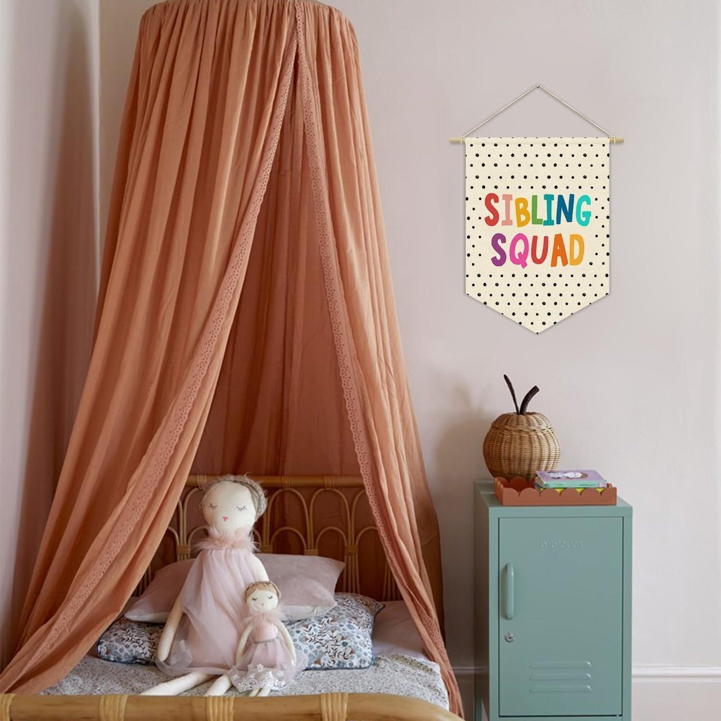Girl Nursery Decor Canvas Banner,Nursery Bedroom Playroom Wall Art Decorations,Nursery Hanging Sign with Rope (Sibling Squad)